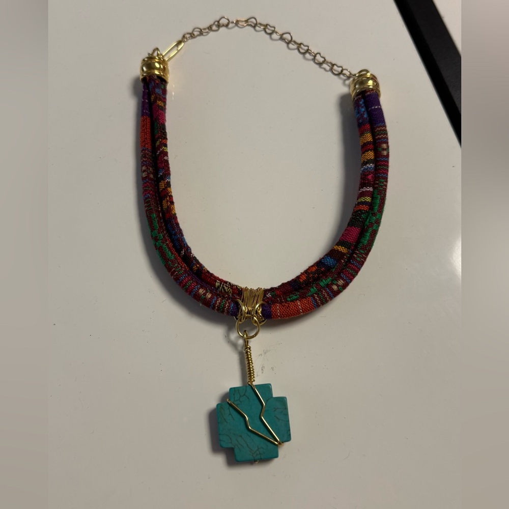 Boho Turquoise Cross Necklace | Colorful Fabric Cord Statement Necklace - Picture 3 of 9